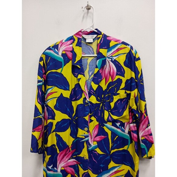 VTG 80s Paula Saker Dress Womens Size 14 Floral Colorful Tropical Midi - Picture 2 of 10